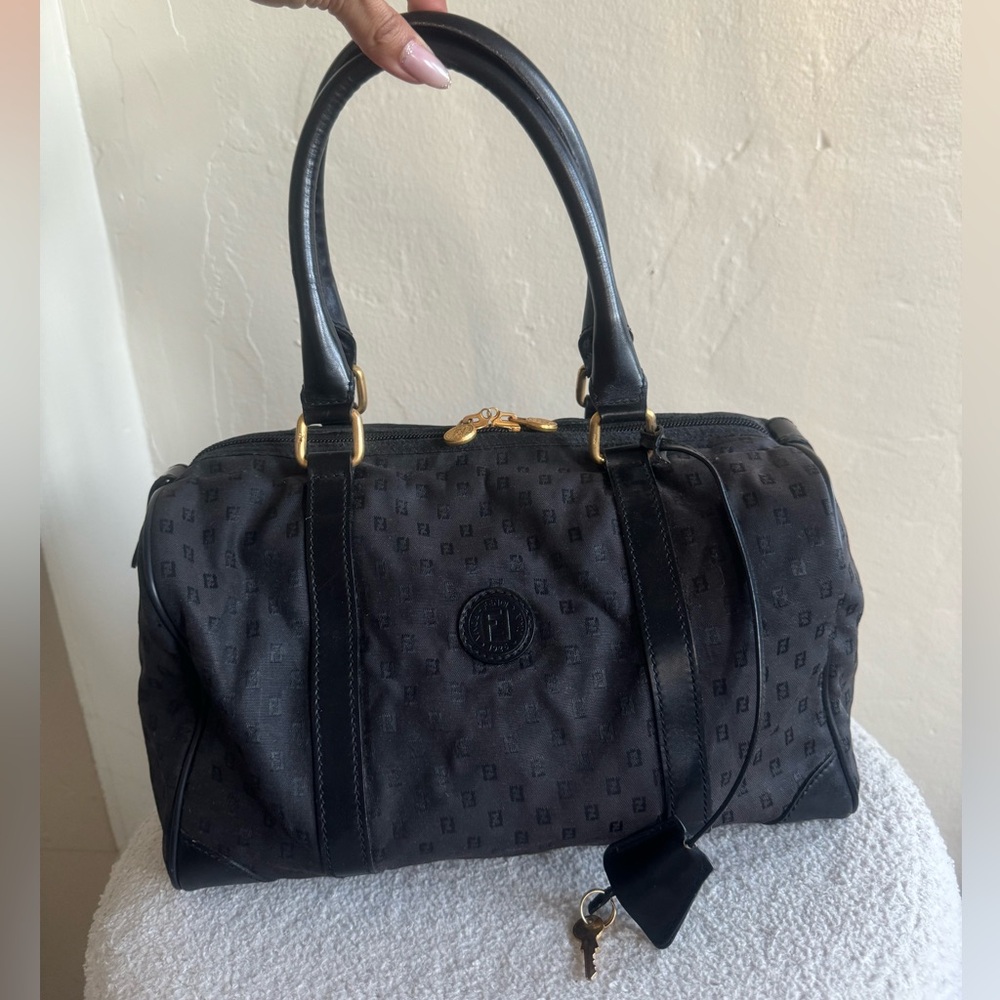 FENDI black canvas Boston Bag with gold hardware